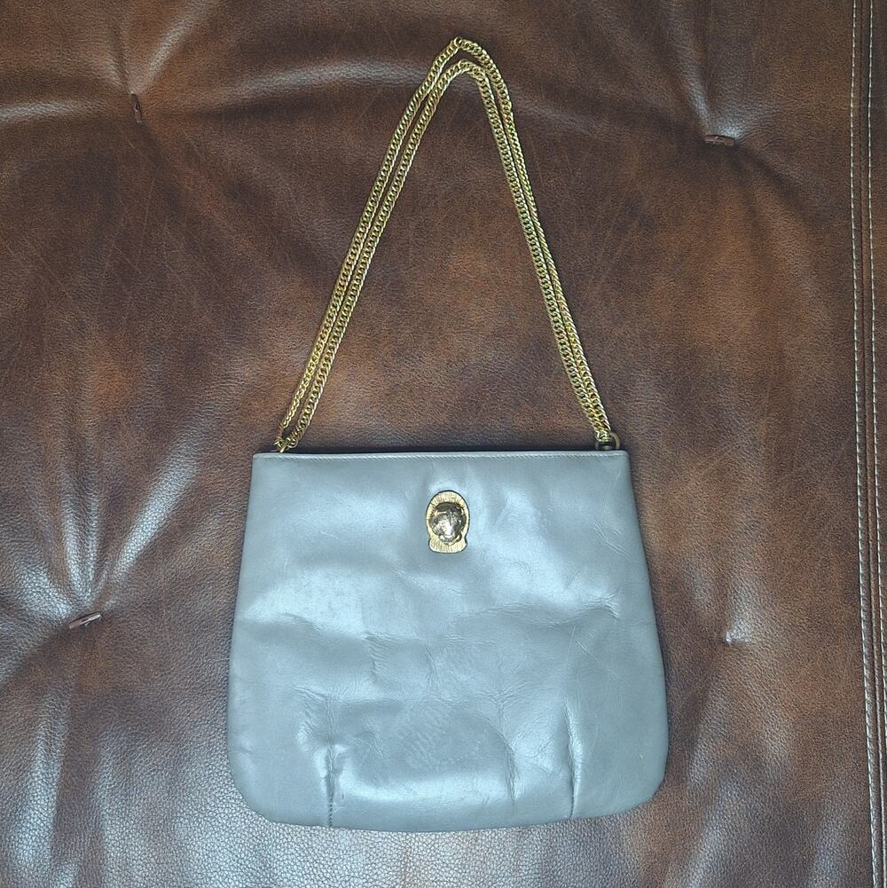Rare VTG Tresse Gray Leather Convertible Bag Gold Frog Head Double Chain Strap